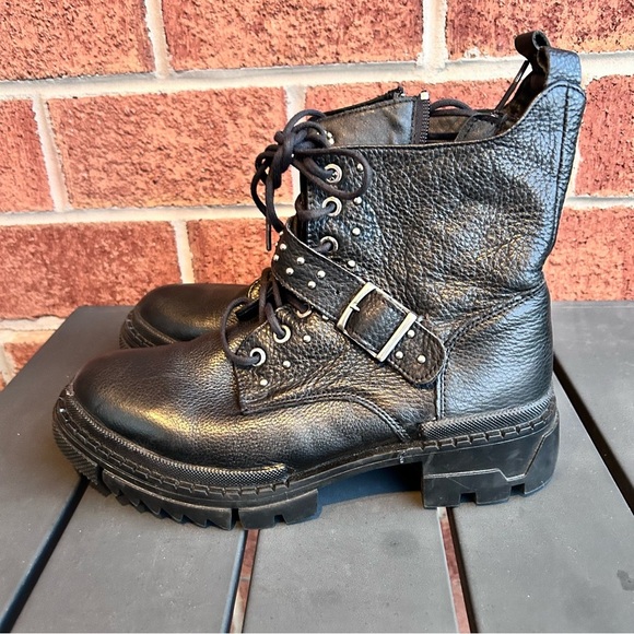 Fabian Arenas Black Leather Moto Boots Size 8 — Studded Buckle Combat Style - Picture 3 of 6
